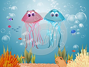 Illustration of jellyfishes to the sea