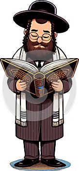 illustration of a Jew reading the Torah in traditional clothing,