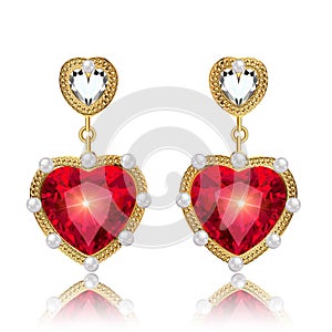 Illustration jewelry earrings gold heart made of precious stones on a white background with reflection