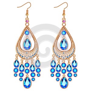 Illustration  jewelry gold earrings with precious stones isolated on white