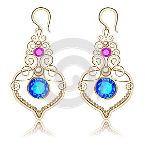 Illustration  jewelry gold earrings with precious stones isolated on white with reflection