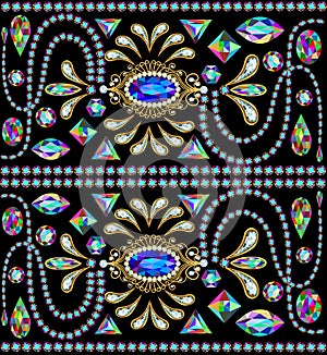 Illustration of a jewelry seamless pattern of gems and pendants on black