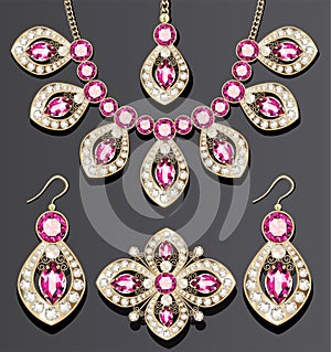 Illustration jewelry set wedding beautiful necklace, earrings, gold brooch with precious stones