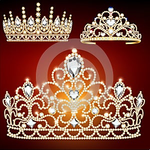 Illustration jewelry set of wedding beautiful tiaras, crowns, golden tiaras with precious stones