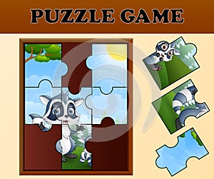 Jigsaw puzzle game with happy raccoon