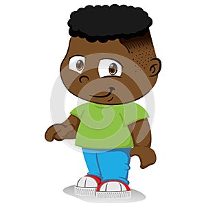 Illustration john, male mascot child afro descendant in standing still standing wearing green t-shirt, blue pants