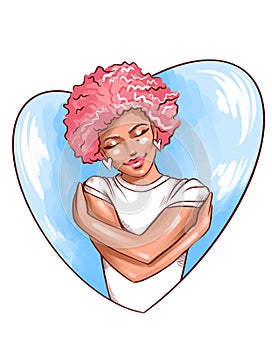 Illustration of joyful beautyful woman that hugs herself in heart isoleted on white background. Concept of self love and self supp