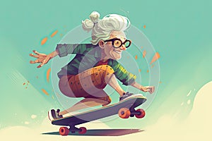 illustration of A joyful elderly woman skateboarding, embracing the concept of active aging and breaking stereotypes