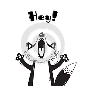 Illustration with joyful Fox who shouts - Hey.