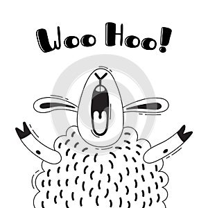Illustration with joyful sheep who shouts - Woo Hoo. For design of funny avatars, welcome posters and cards. Cute animal