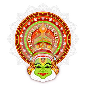 Illustration of Kathakali dancer face on mandala pattern. photo