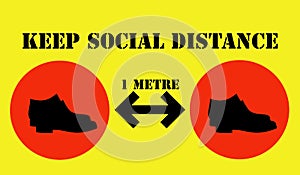 An illustration KEEP SOCIAL DISTANCE 1 METRE on yellow background with icons.