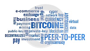 Illustration of a keyword cloud with blue text - bitcoin