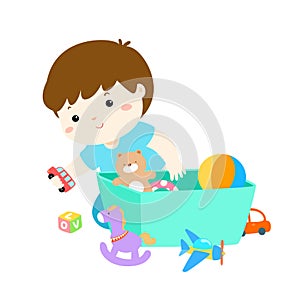 Illustration of kid boy storing toys.