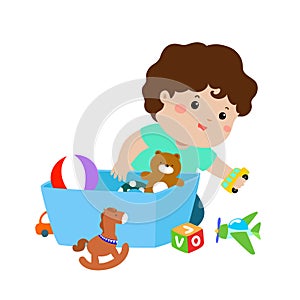 Illustration of kid boy storing toys.