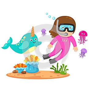 illustration of kid girl scuba diving