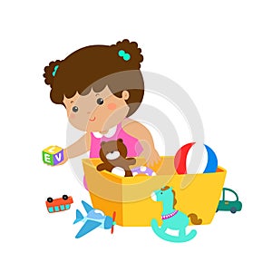 Illustration of kid girl storing toys.