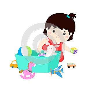 Illustration of kid girl storing toys. photo