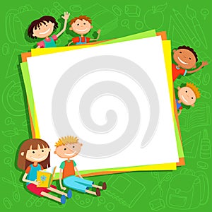 Illustration of kids bunner around square banner behind poster vector