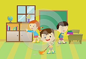 Illustration of kids cleaning the classroom