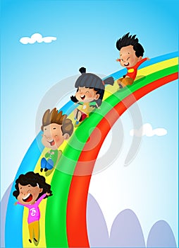 Illustration of Kids of Different Ethnicities Sliding Down