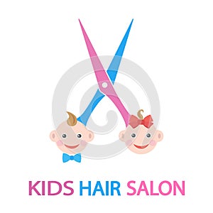 Illustration of kids hair salon logo. kids faces with scissors
