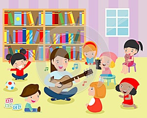 Illustration of Kids Listening to Their Teacher Play the Guitar in the classroom. Flat design.