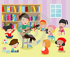 Illustration of Kids Listening to Their Teacher Play the Guitar in the classroom. Flat design.