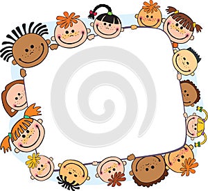 Illustration of kids peeping behind banner vector photo