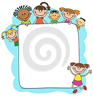 Illustration of kids peeping behind placard