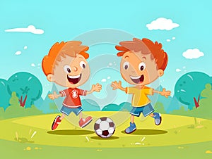 Illustration of kids rplaying football the park. Sports , ball.