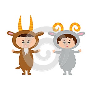 Illustration of kids wearing animal costumes goat and sheep.