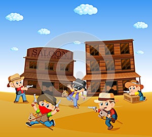 Kids wearing cowboy costume and playing with western town background