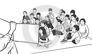 Illustration of kindergarten children and homeroom teacher during class