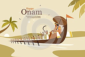 Illustration of King Mahabali and rowers in a snake boat celebrating Onam