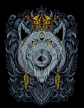 King vector wolf head with vintage engraving ornament