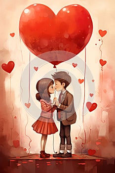 Illustration of a kissing couple standing under a large heart-shaped balloon. Heart as a symbol of affection and