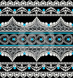 Illustration kit  lace ornaments with pearls. Seamless background