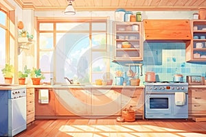 An illustration of a kitchen with blue cabinets and a stove, AI