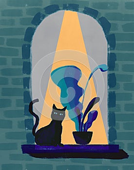 Illustration of kitten in an arched window next to a plant - IlustraciÃ³n de gatito en una ventana de arco al lado de una planta