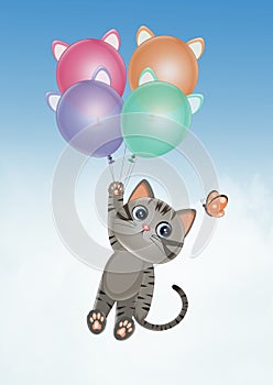 illustration of kitten hanging on balloons