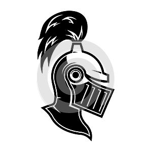 Illustration of knight helmet in engraving style. Design element for logo, label, emblem, sign.