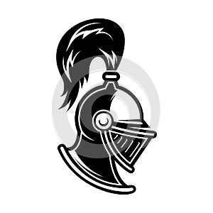 Illustration of knight helmet in engraving style. Design element for logo, label, emblem, sign.