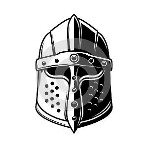 Illustration of knight's helmet in engraving style. Design element for emblems, sign, banner.