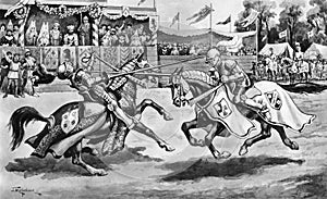 Illustration of knights jousting at a tournament