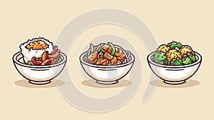 An illustration of a Korean meal serving rice and noodles. Kimchi, bulgogi, and gimbap asian cuisine in a bowl for photo