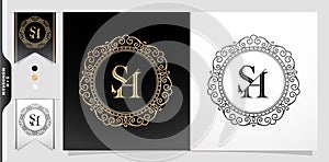 Illustration of a labels and badges, Set of label initial SH or HS letter, Circle gold frame border with ornament pattern
