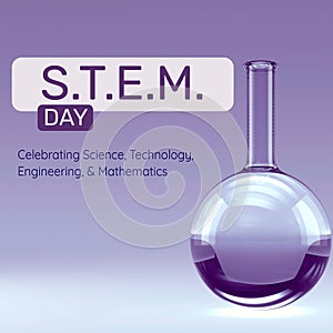 Illustration of laboratory flask with stem day text on purple background, copy space