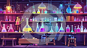 Illustration of a laboratory interior with equipment. Modern cartoon illustration with furniture and tools, liquid fluid