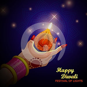 Illustration of lady holding burning Diya on Diwali Holiday background